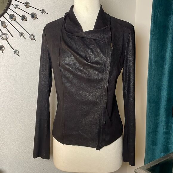 Forever 21 Women's Black Sheen Faux Suede Jacket Asimetrical | size M - Picture 7 of 9